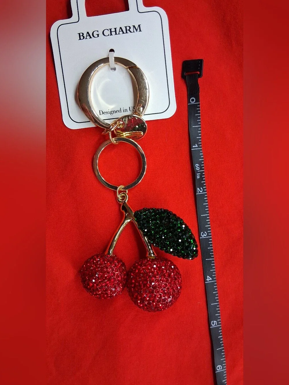 Crystal Cherry Keychain - Red & Green NWT! Gold Hardware
